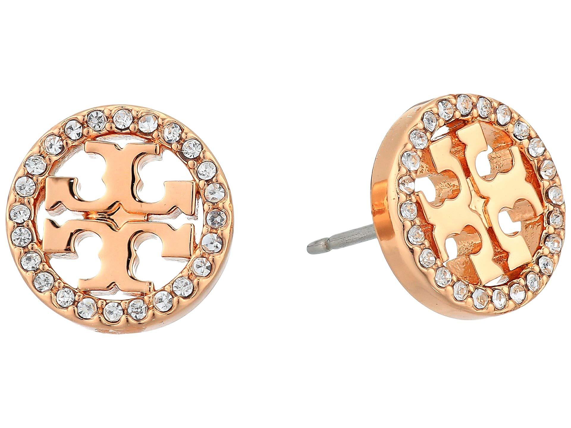 Lyst - Tory Burch Crystal Logo Circle-stud Earrings (rose Gold/crystal
