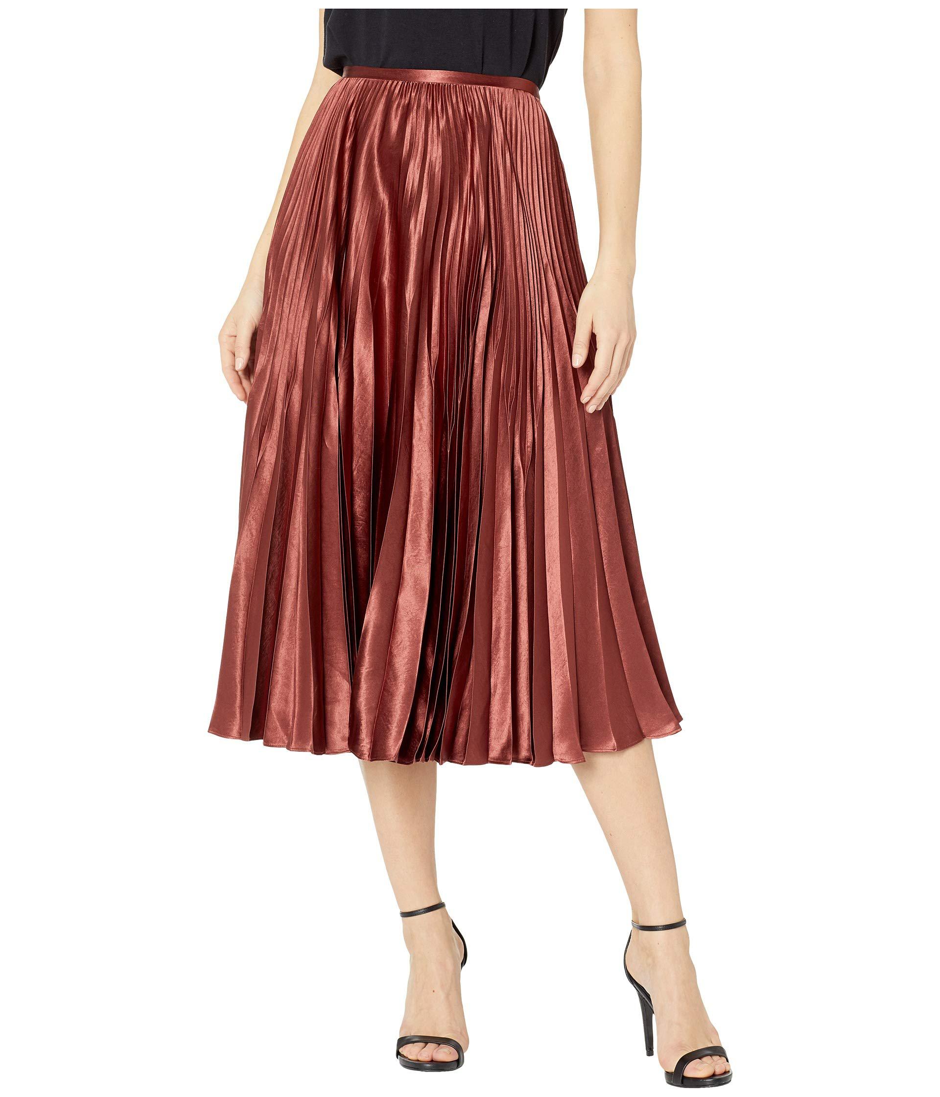 Vince Pleated Satin Midi Skirt Brick in Red - Lyst