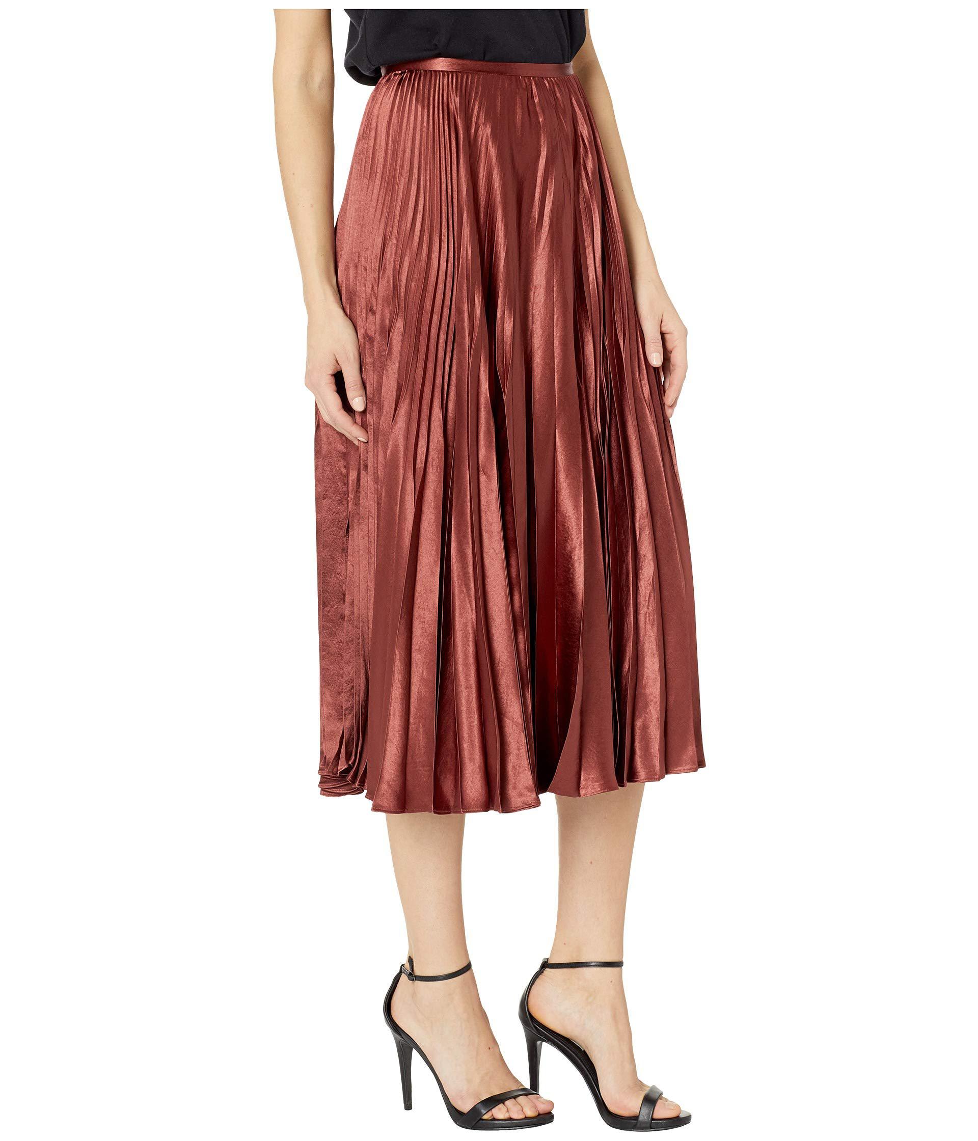 Vince Pleated Satin Midi Skirt Brick in Red - Lyst