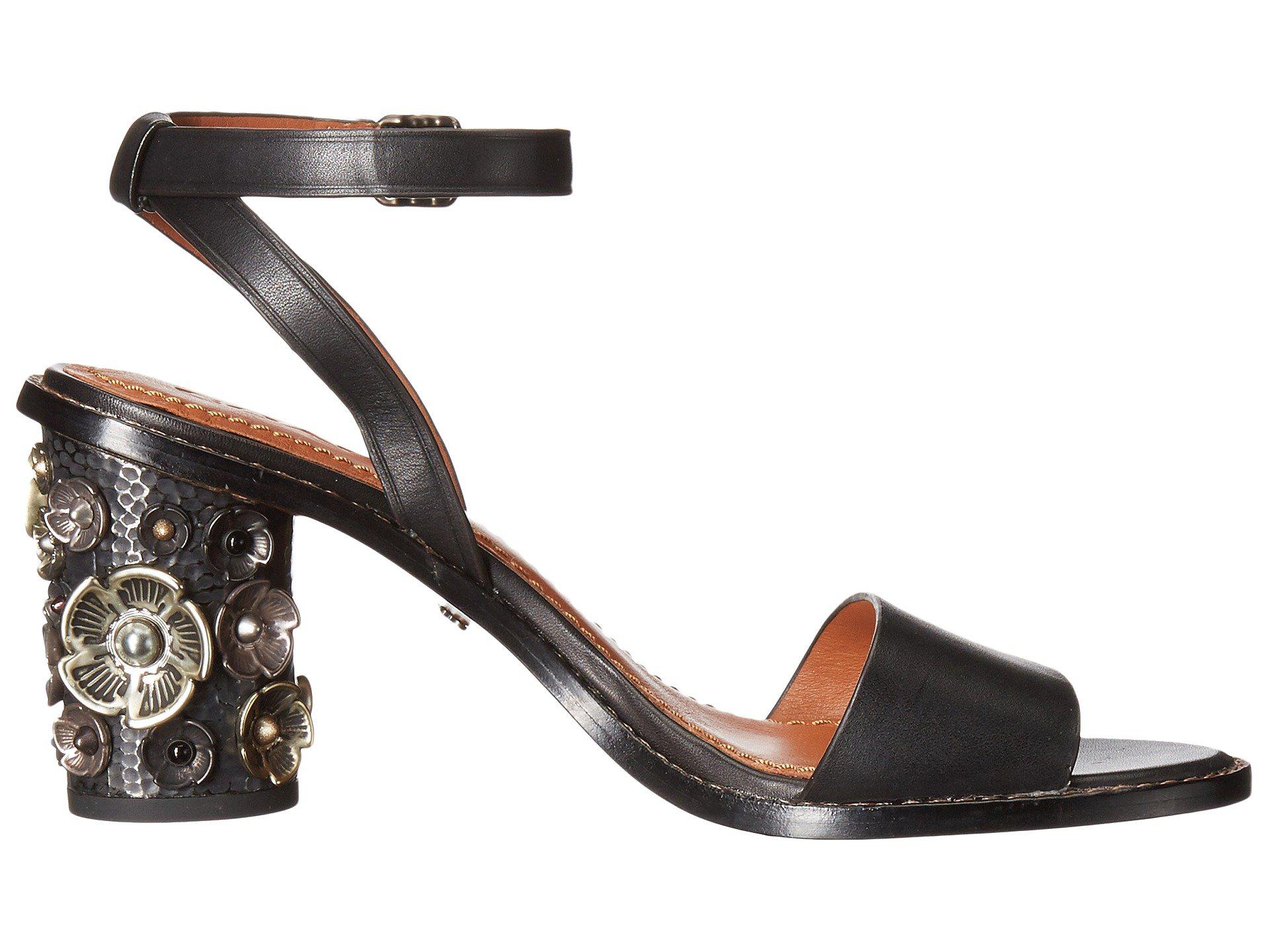 COACH Leather Mid Heel Sandal With Tea Rose in Black Leather (Black) | Lyst