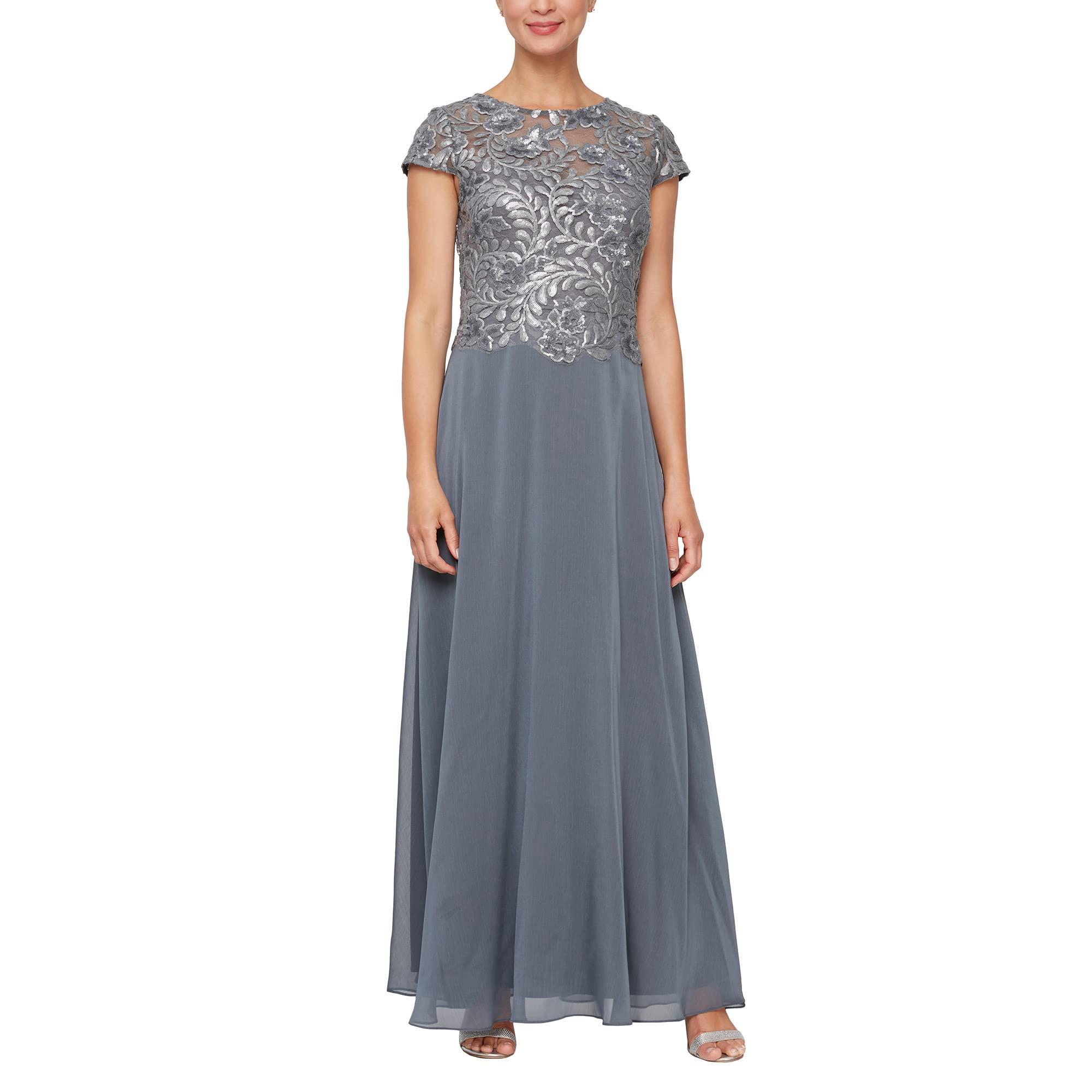 Alex Evenings Long A-line Mock Dress With Embroidered Sequin Cap Sleeve ...