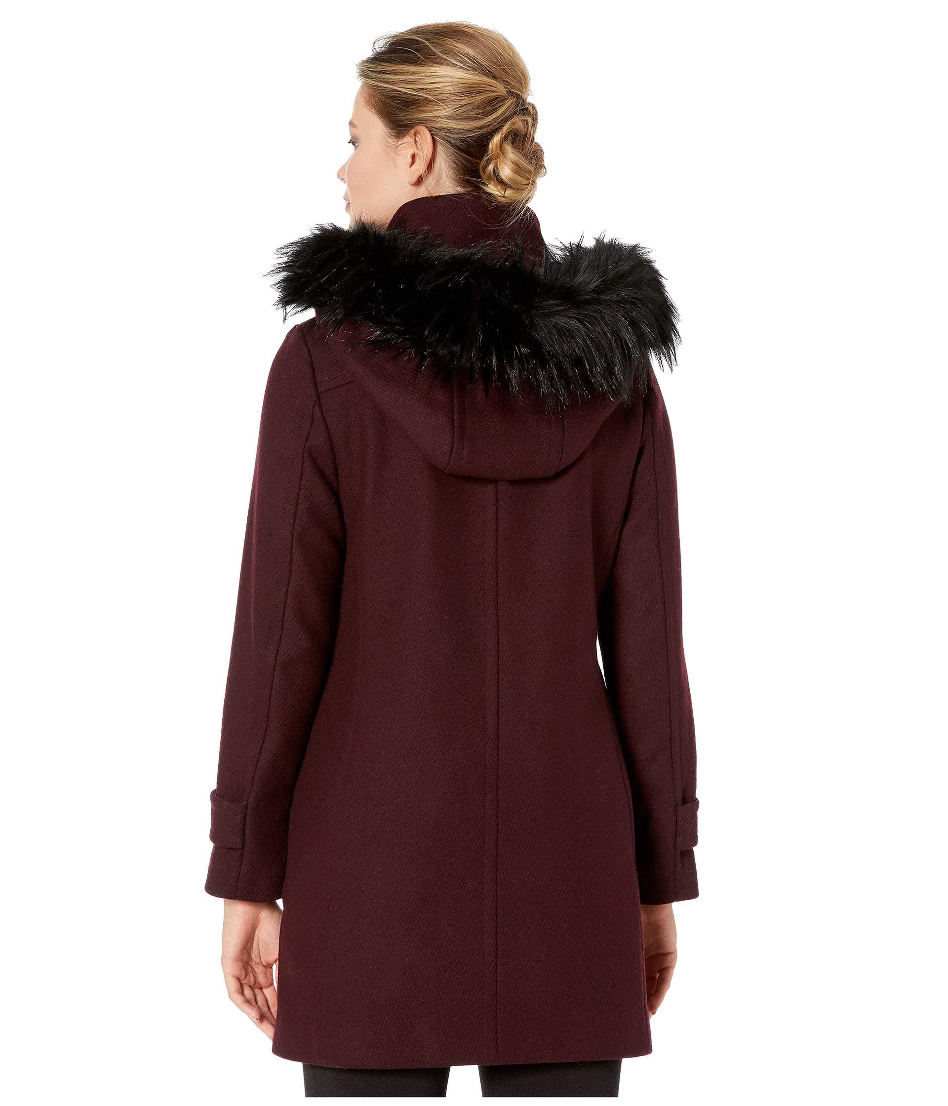 Cole Haan Wool Twill Hooded Duffle Coat W/ Faux Fur Trim Lyst