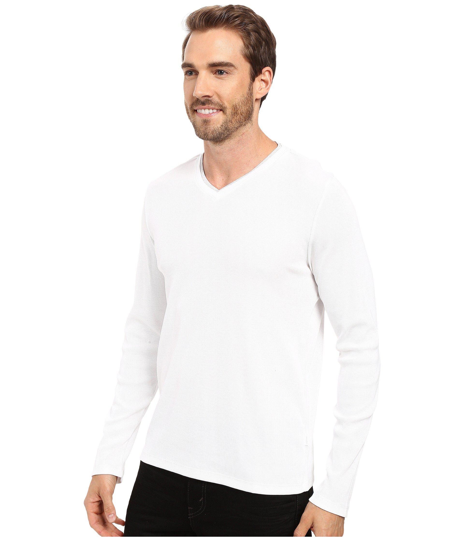 Calvin Klein Cotton Long Sleeve Rib V-neck T-shirt (black ...