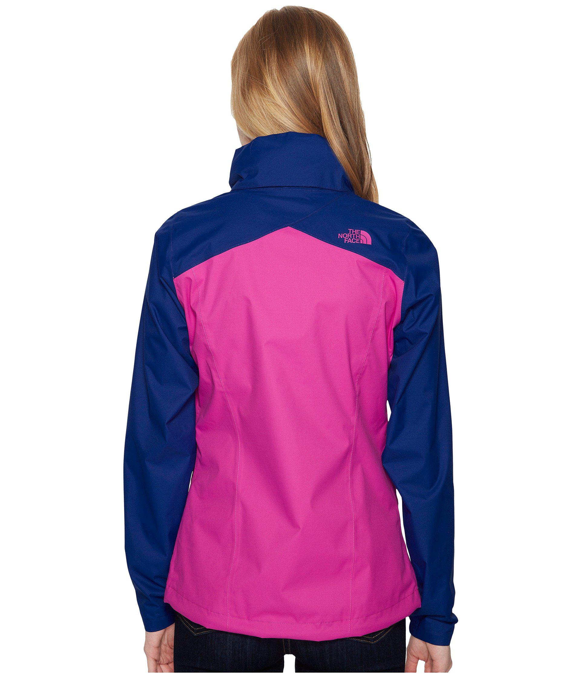 purple and blue north face jacket