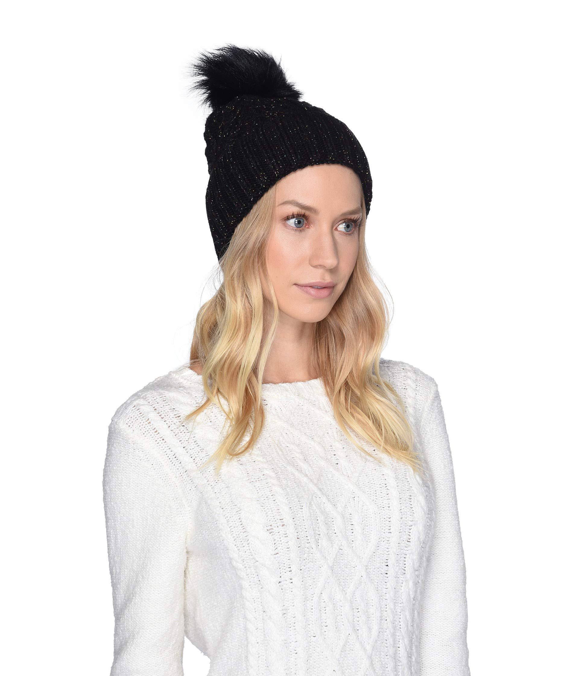 UGG Synthetic Cable Knit Pom Beanie (black Multi Metallic Plaited) Caps -  Lyst