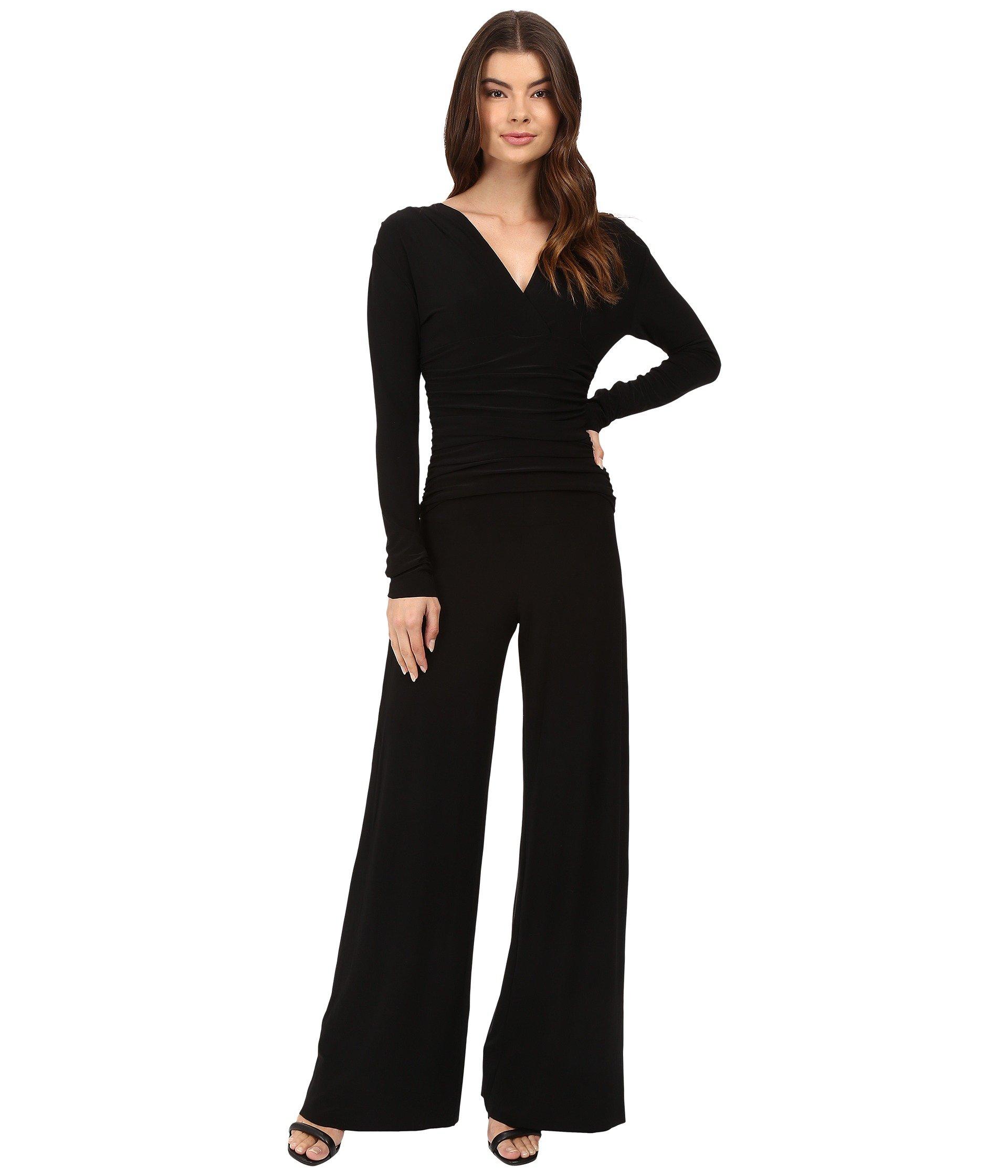 Norma Kamali V-neck Long Sleeve Shirred Waist Jumpsuit in Black