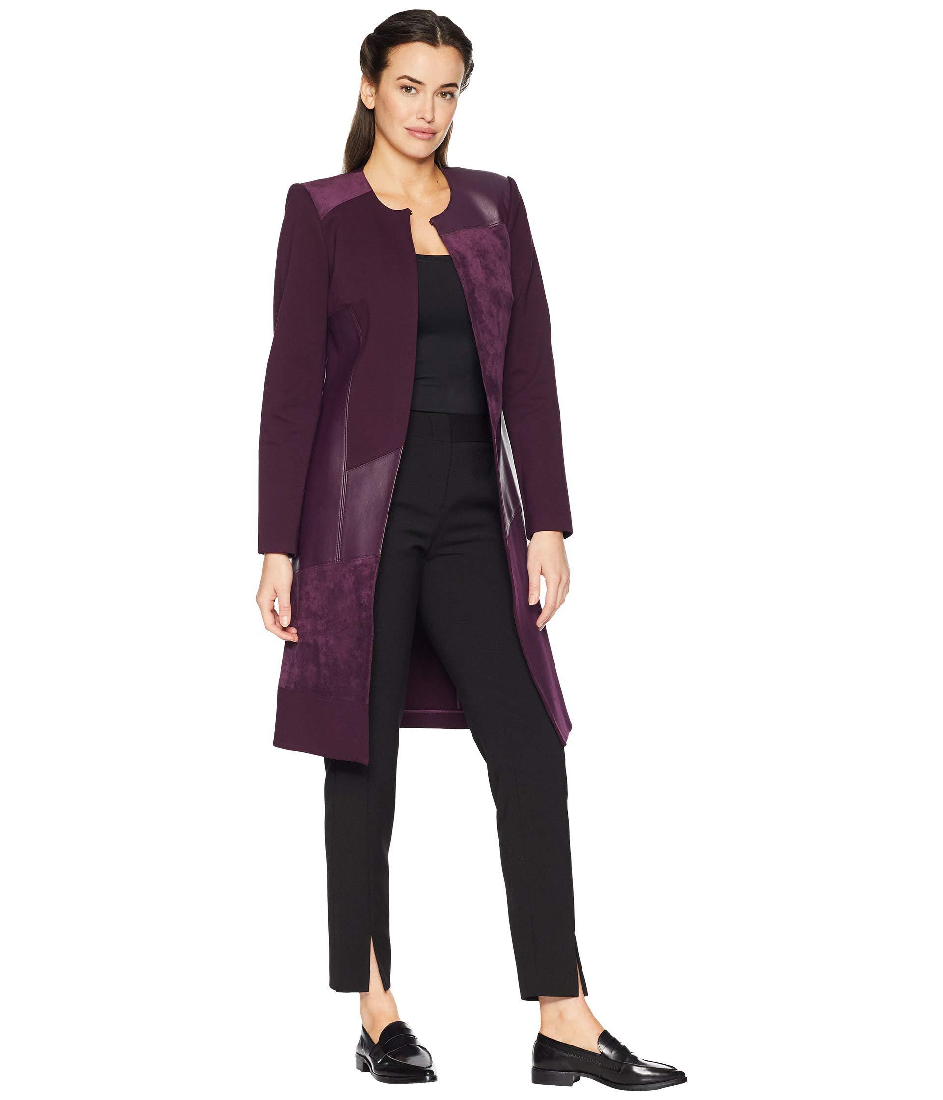 Calvin Klein Long Jacket W/ Suede Faux Leather (aubergine) Women's Coat