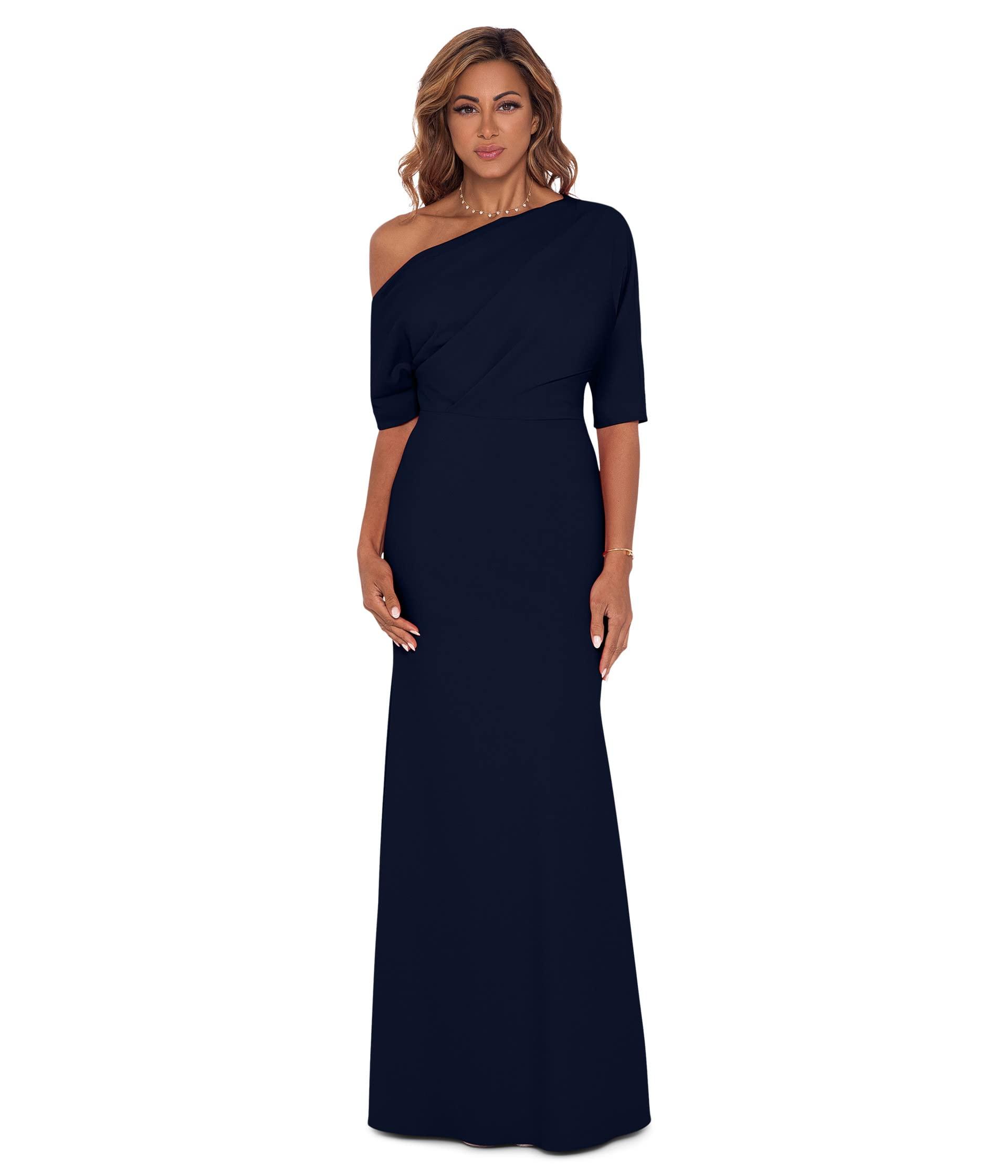 Betsy & Adam Long Scuba Crepe Overtheshoulder Gown in Blue Lyst