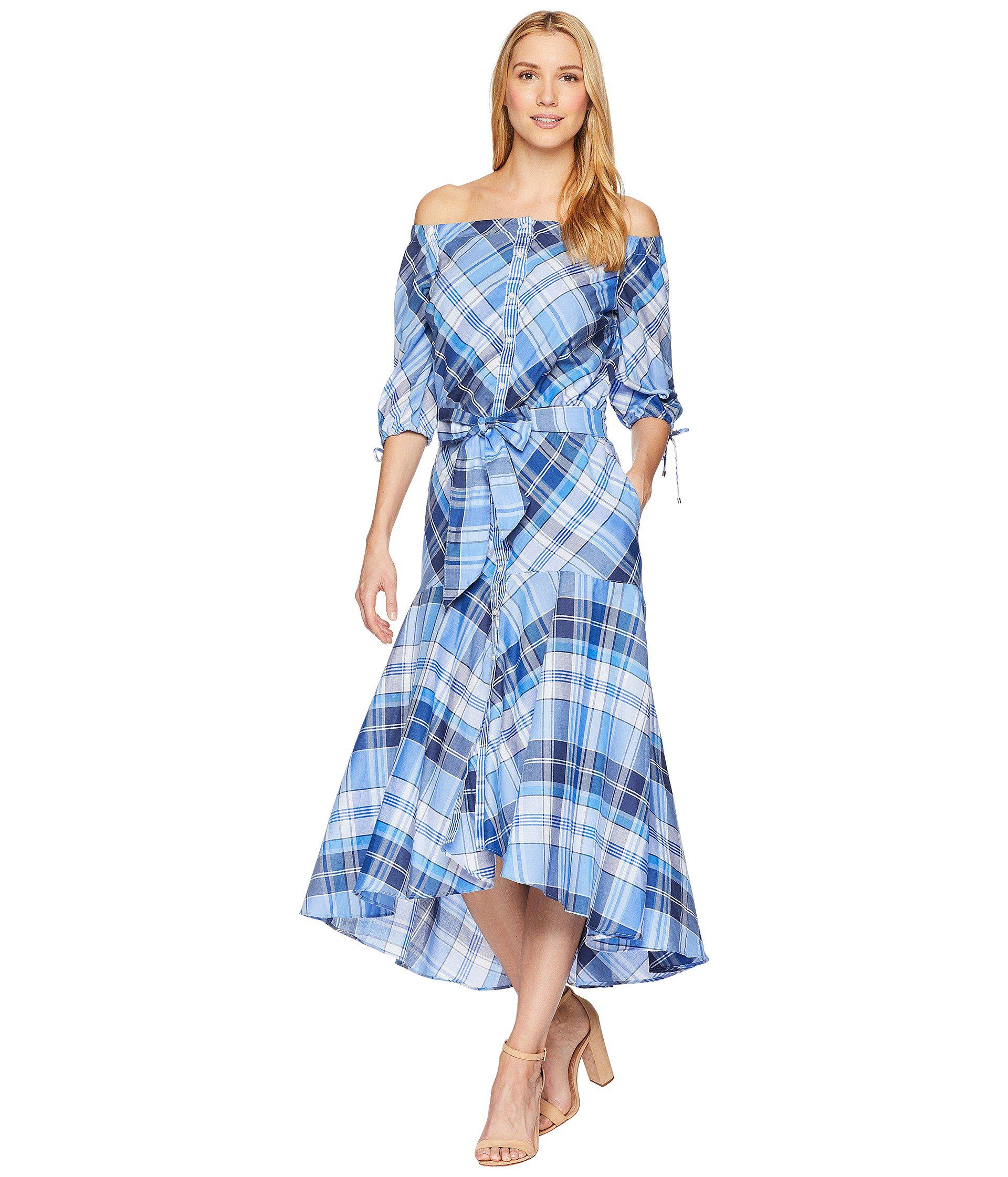 plaid off the shoulder dress