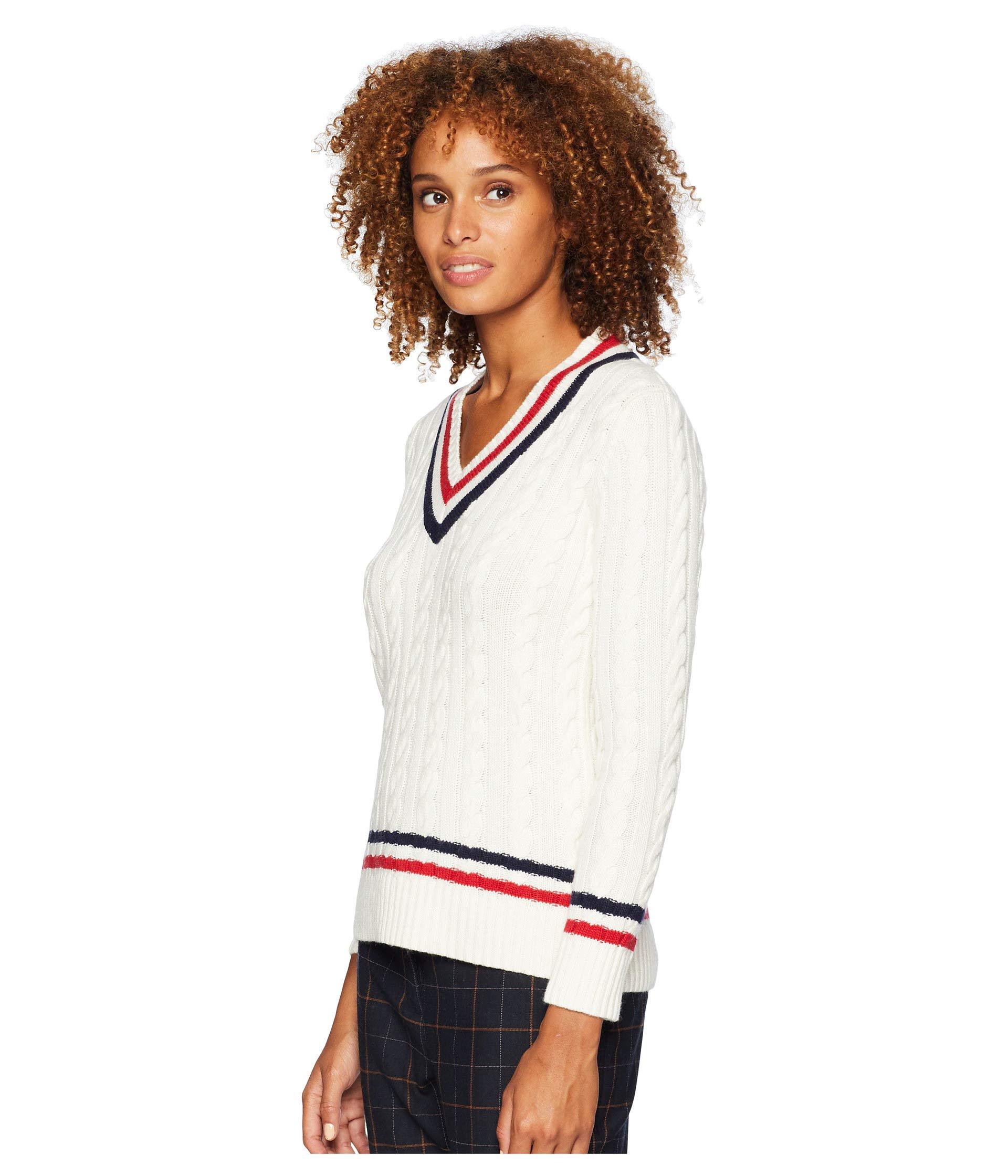 Lauren by Ralph Lauren Synthetic Cable-knit Cricket Sweater (mascarpone  Cream/navy/crimson) Women's Sweater | Lyst