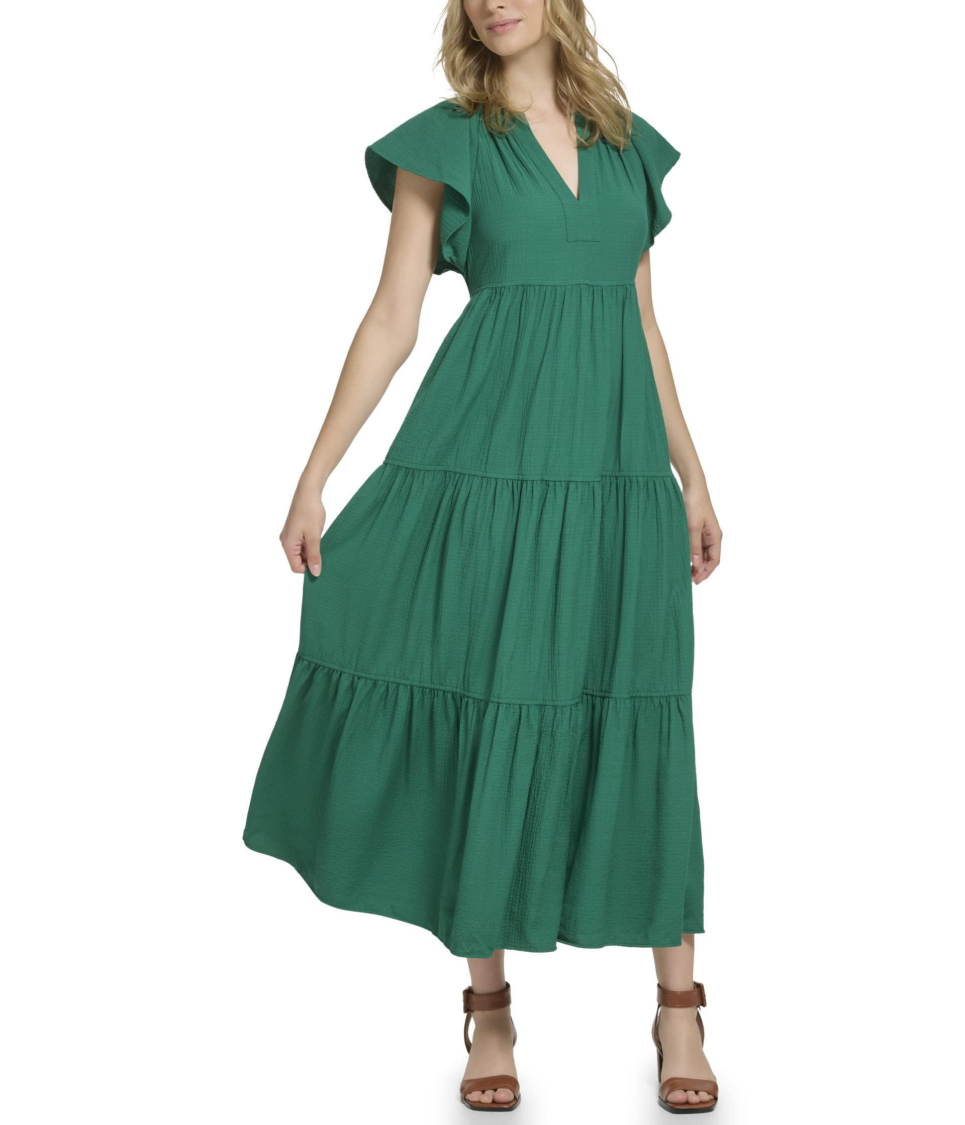 Calvin Klein Gauze Midi Dress With Pleated Tiers in Green Lyst