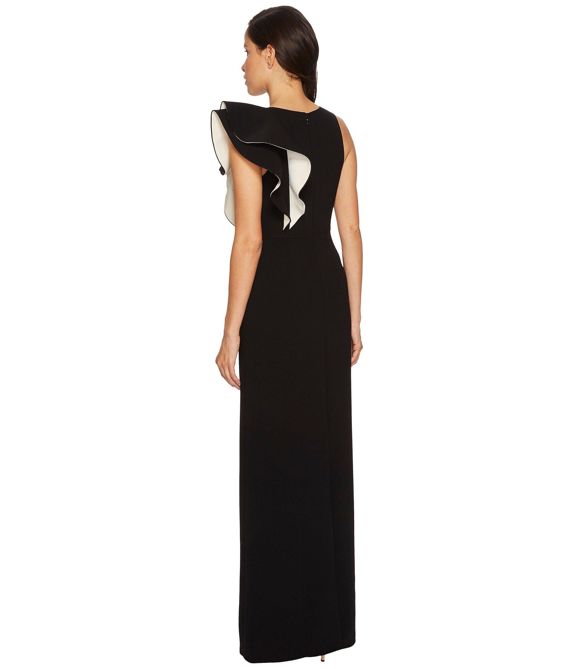 Halston Women's Black Sleeveless Boat Neck Asymmetrical Flounce Gown
