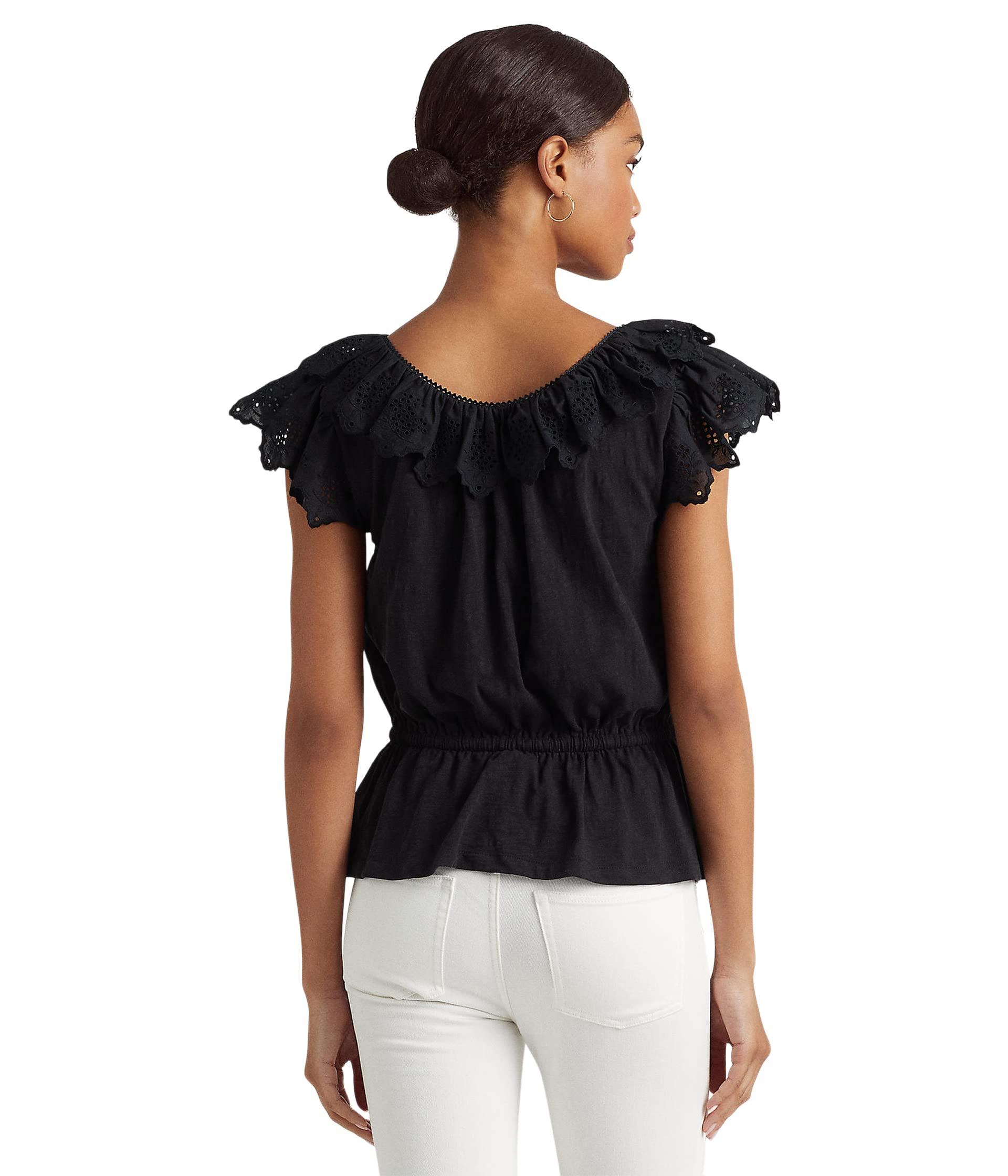 Lauren by Ralph Lauren Eyelet Jersey Peplum Top in Black | Lyst