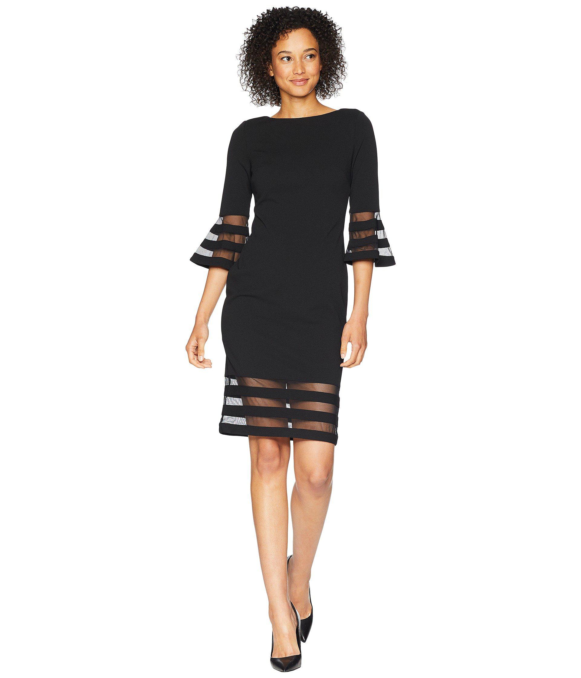 Calvin Klein Bell Sleeve Sheath With Sheer Inserts Dress in Black | Lyst