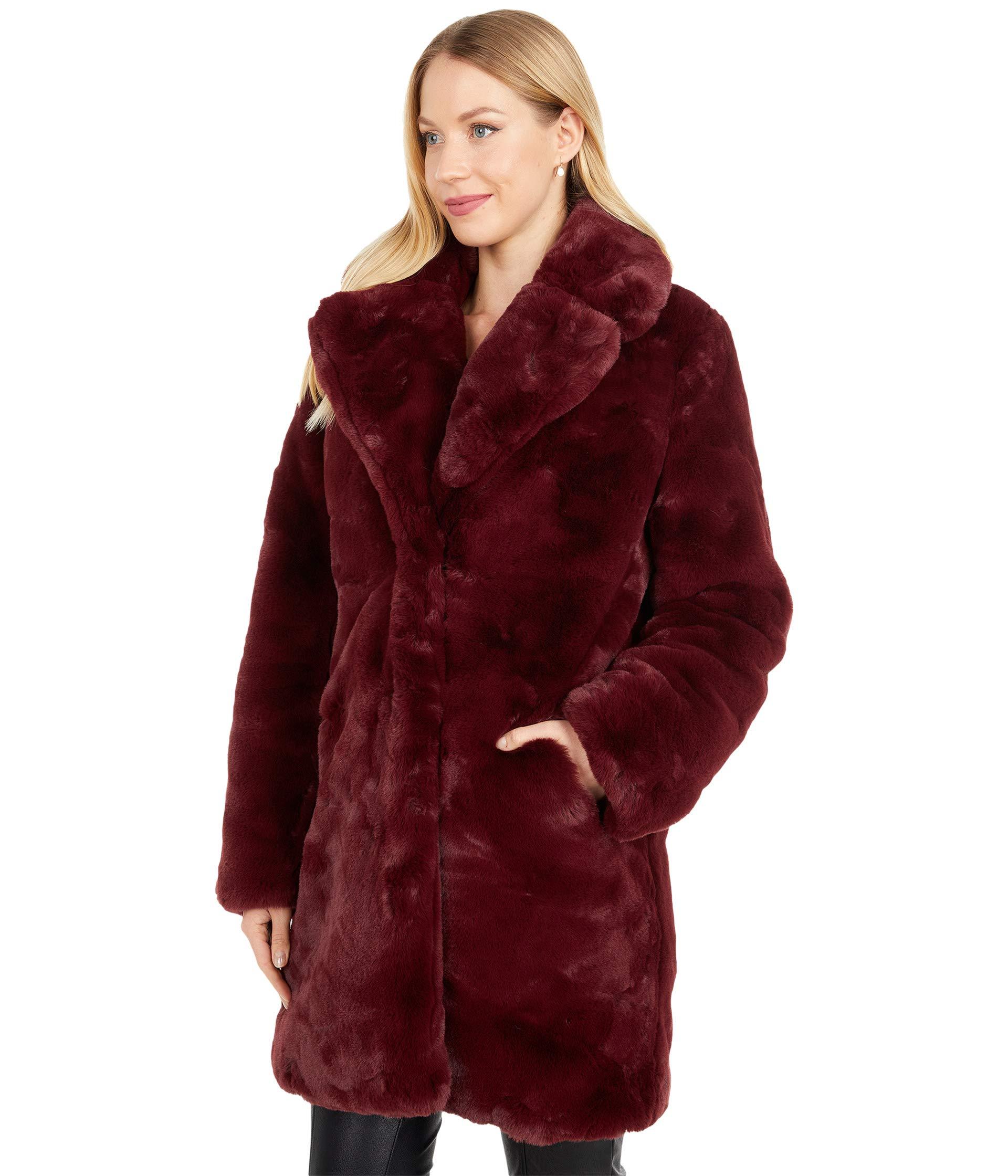 Apparis Sasha Long Faux Fur Coat With Collar in Red | Lyst