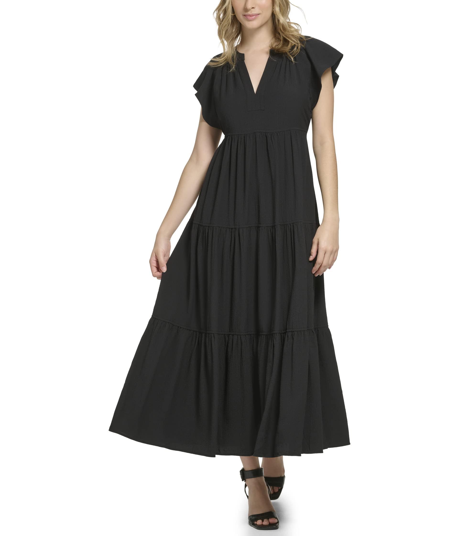 Calvin Klein Gauze Midi Dress With Pleated Tiers in Black | Lyst