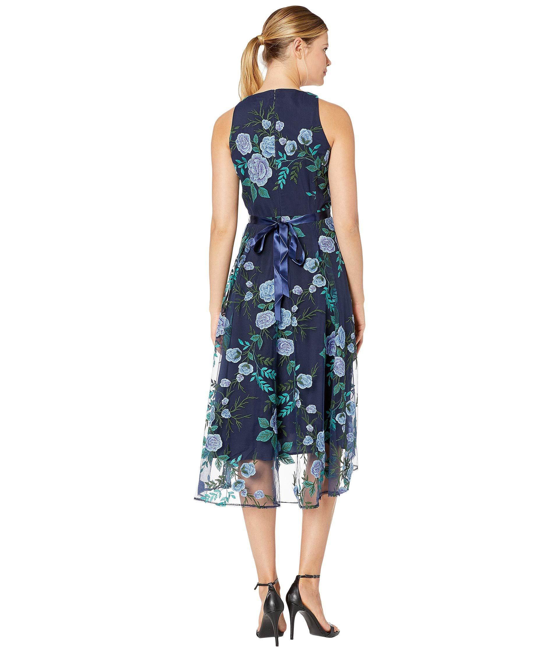 tahari embroidered floral ribbon dress