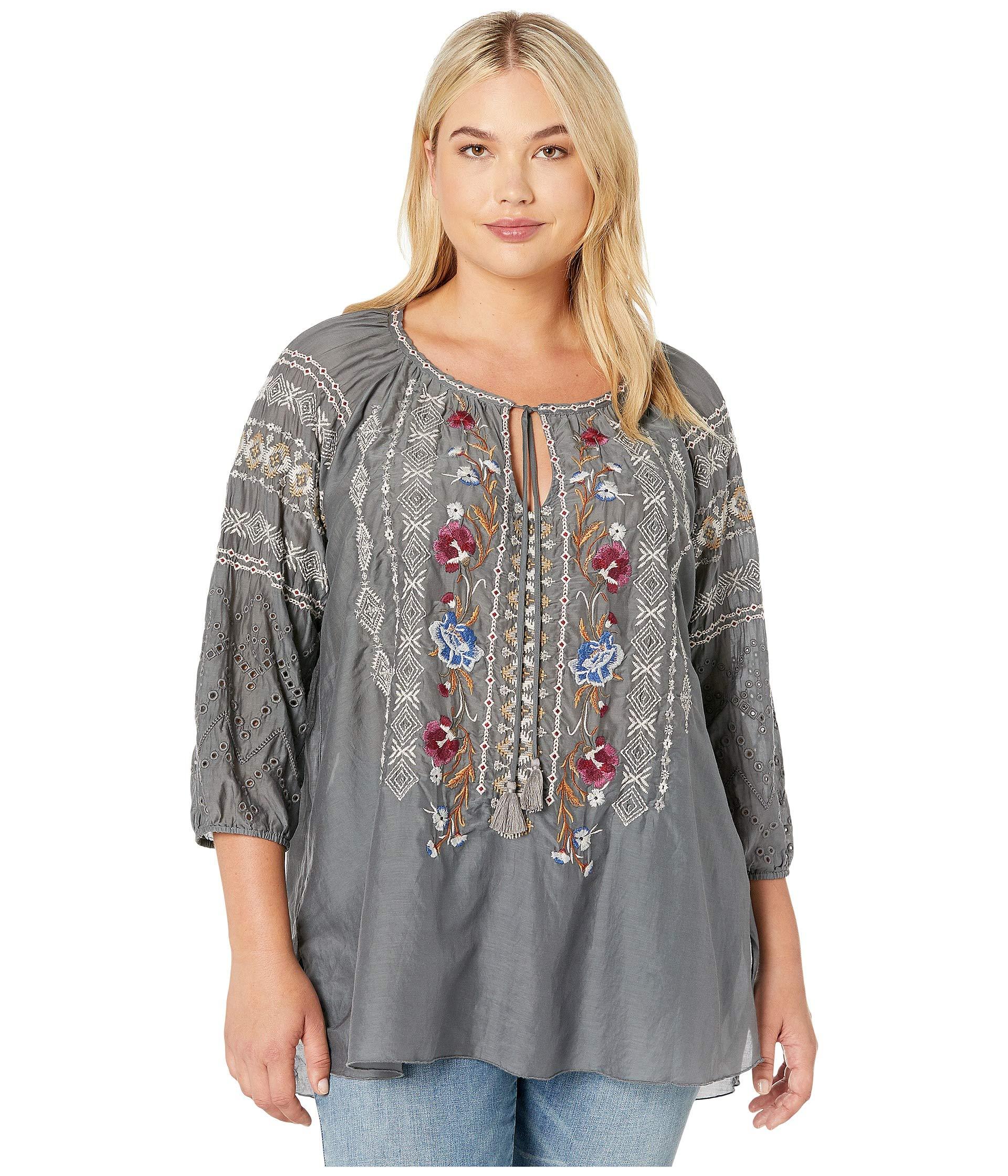 Johnny Was Cotton Plus Size Angelique Eyelet Peasant Blouse in Gray - Lyst