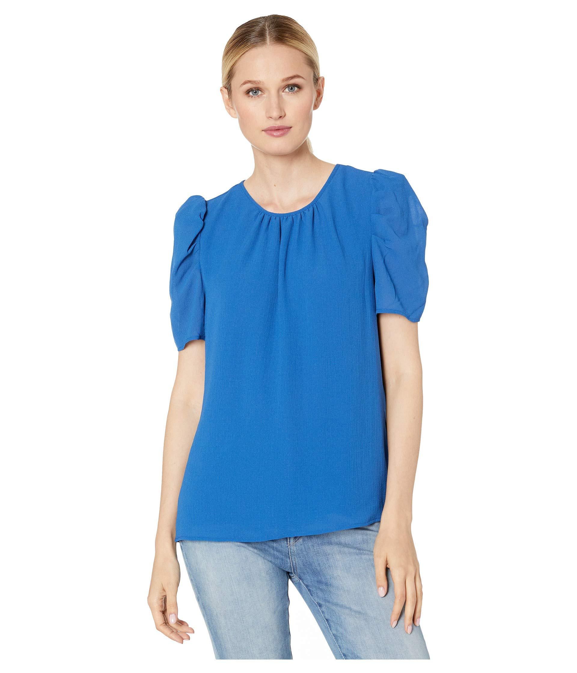 Vince Camuto Synthetic Short Sleeve Puff Shoulder Linear Weave Blouse ...