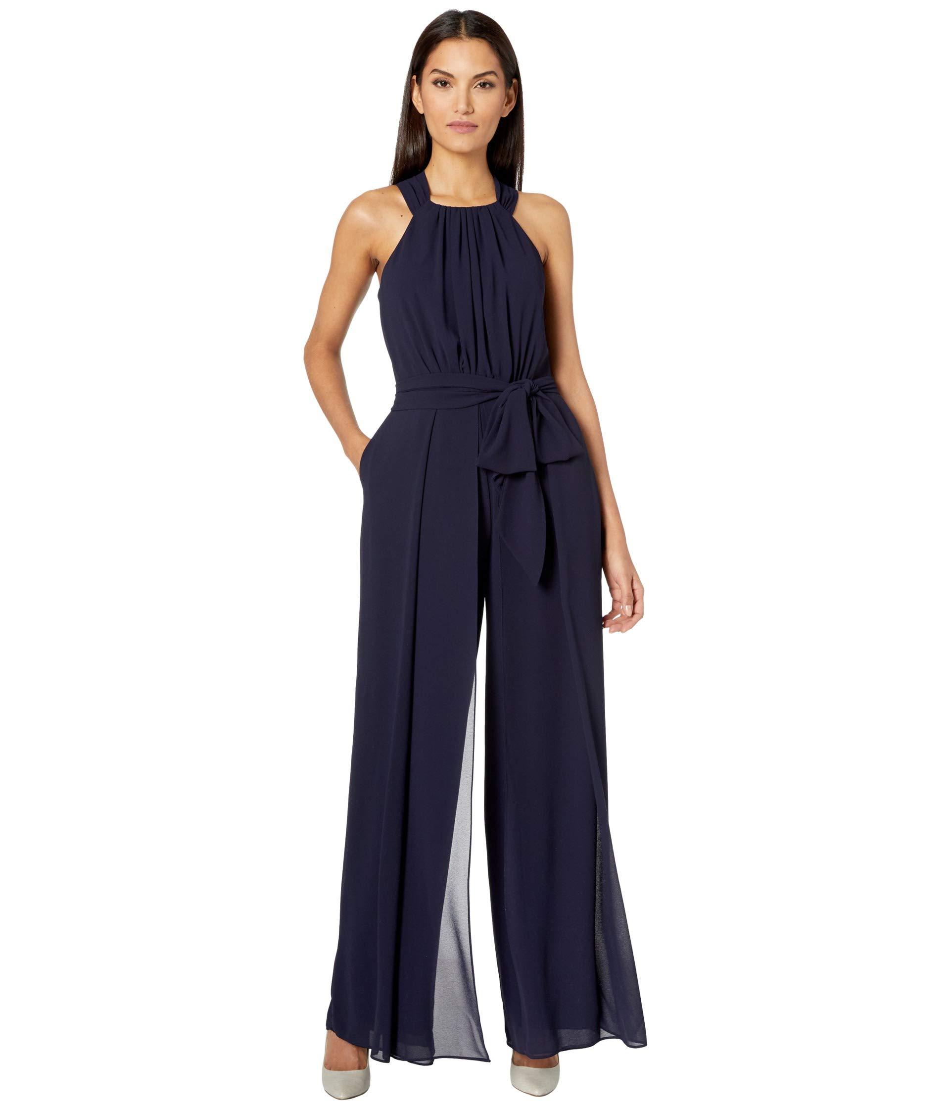 Vince Camuto Chiffon Halter Jumpsuit With Tie Waist in Navy (Blue) - Lyst