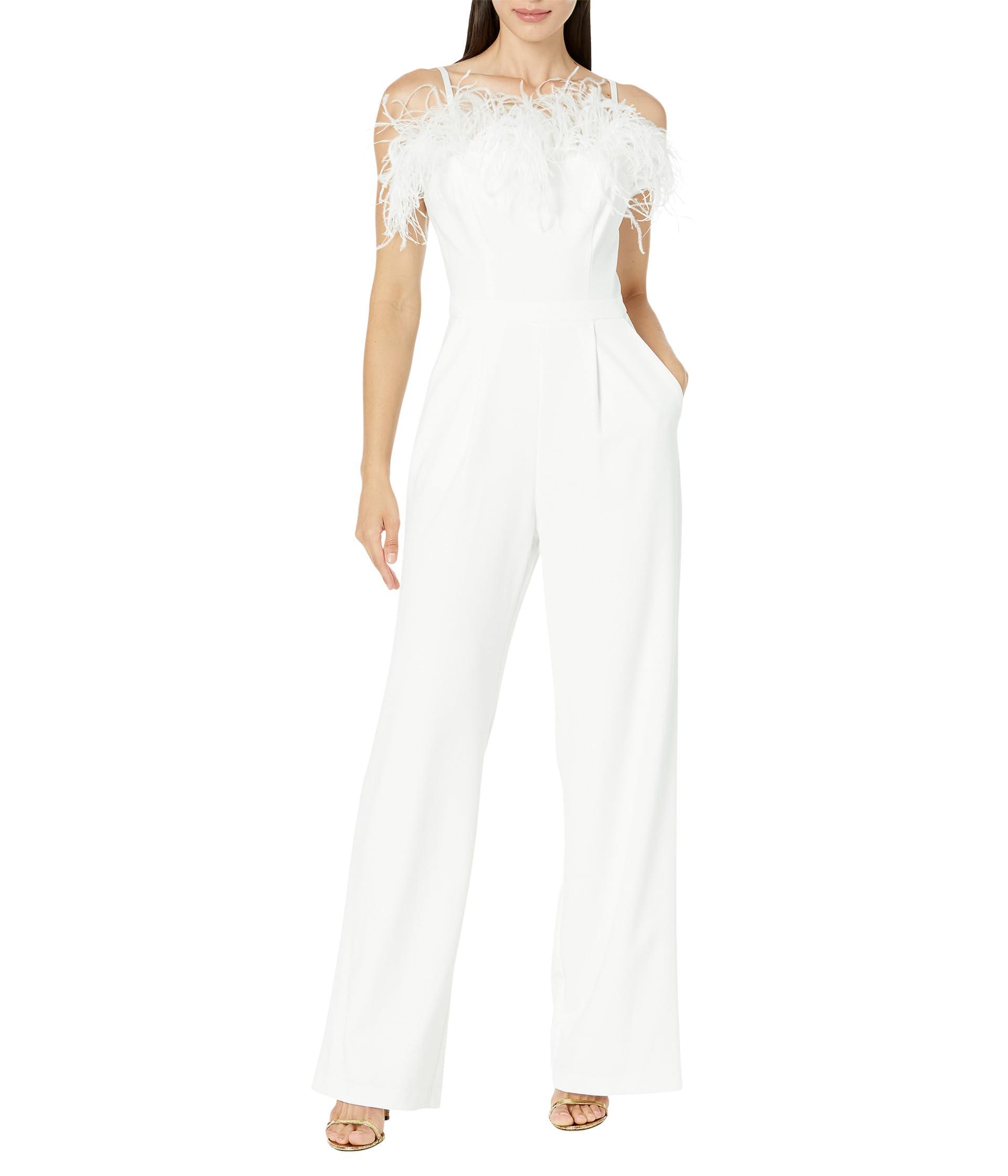 Xscape Long Jumpsuit Scuba Crepe Feather in White | Lyst