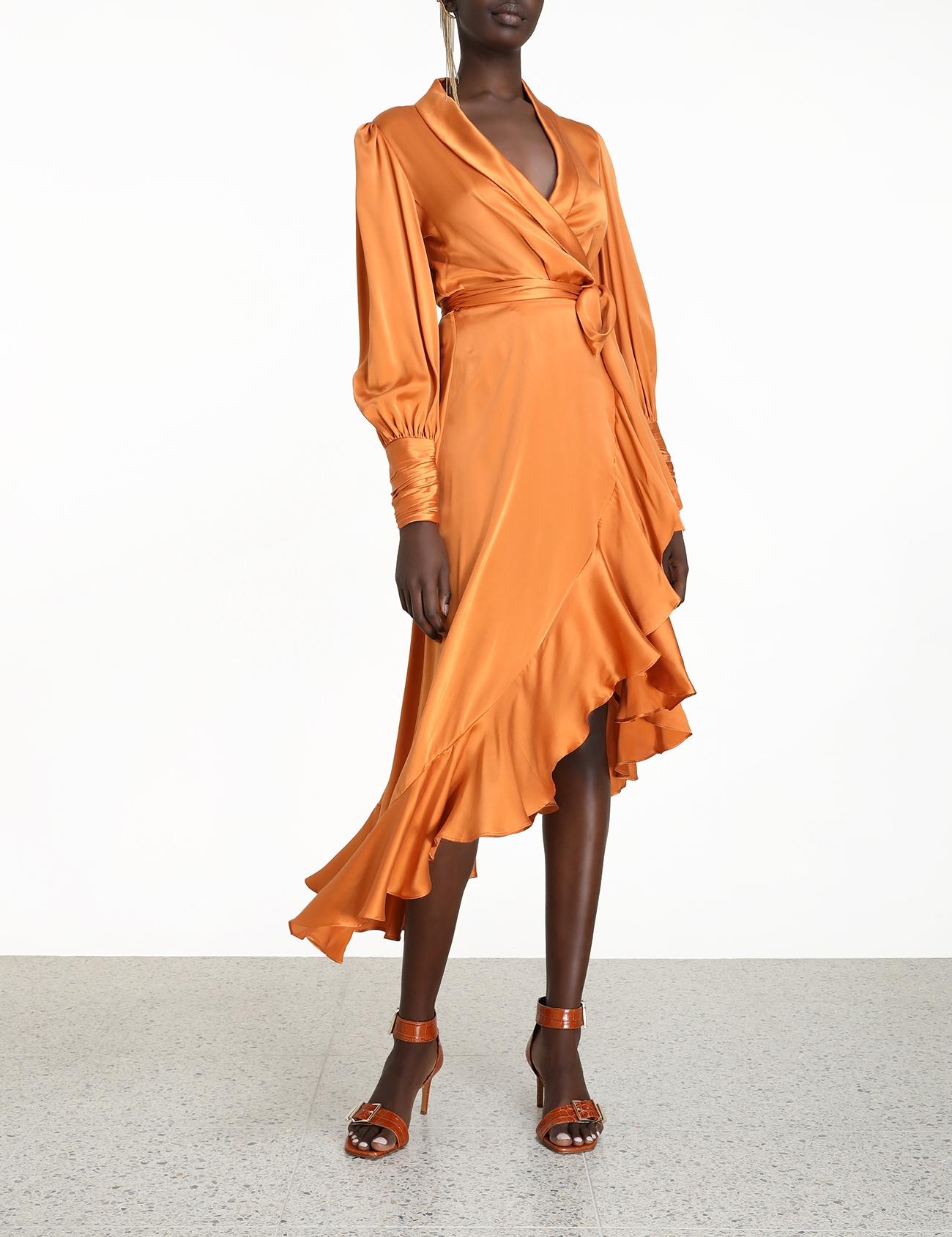 Zimmermann Silk Wrap Midi Dress in Orange | Lyst