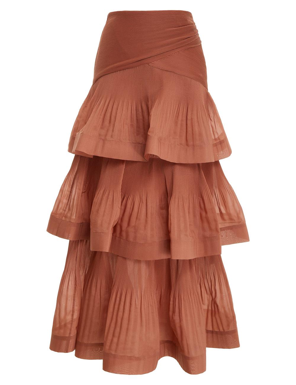 Zimmermann Pleated Tiered Skirt in Brown Lyst