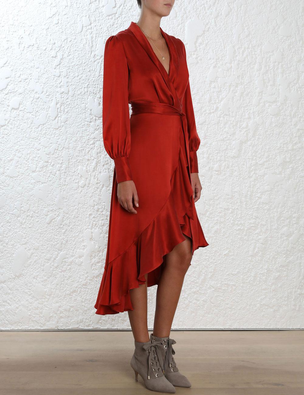 Zimmermann Silk Wrap Dress in Red - Lyst