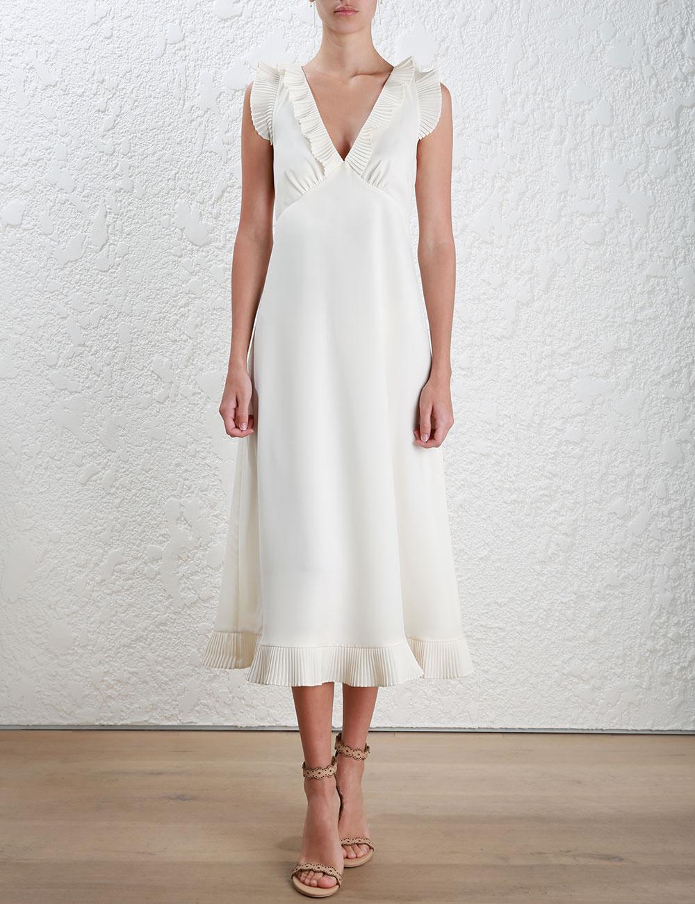 Zimmermann Pleat Midi Dress in White - Lyst