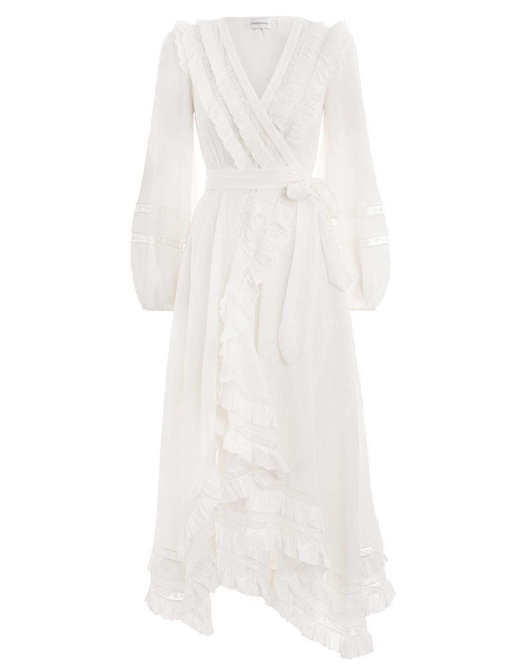 white frill wrap dress