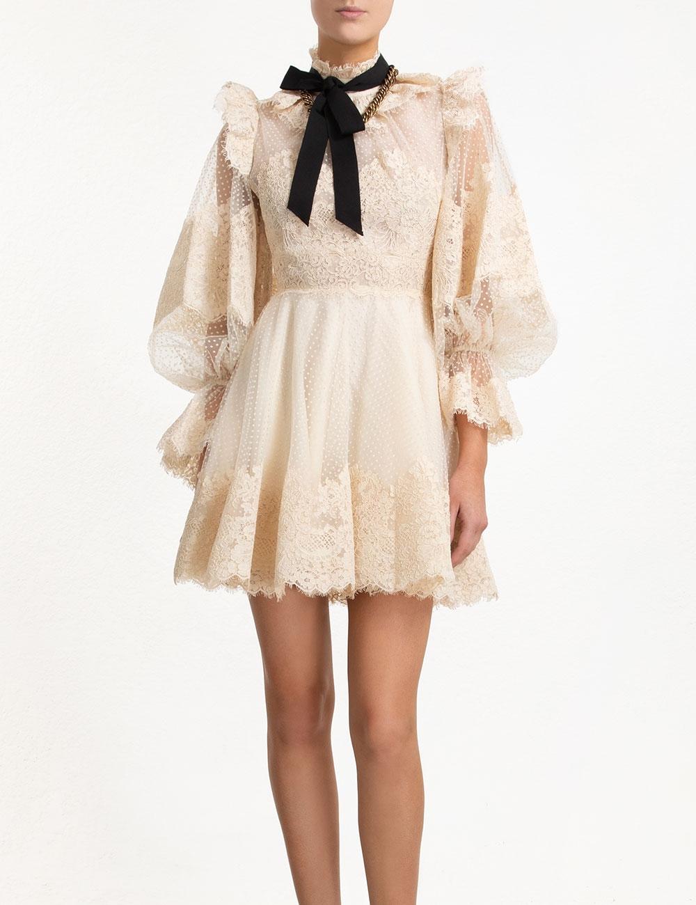 Zimmermann Espionage Pussy-bow Guipure-lace Mini Dress in Natural