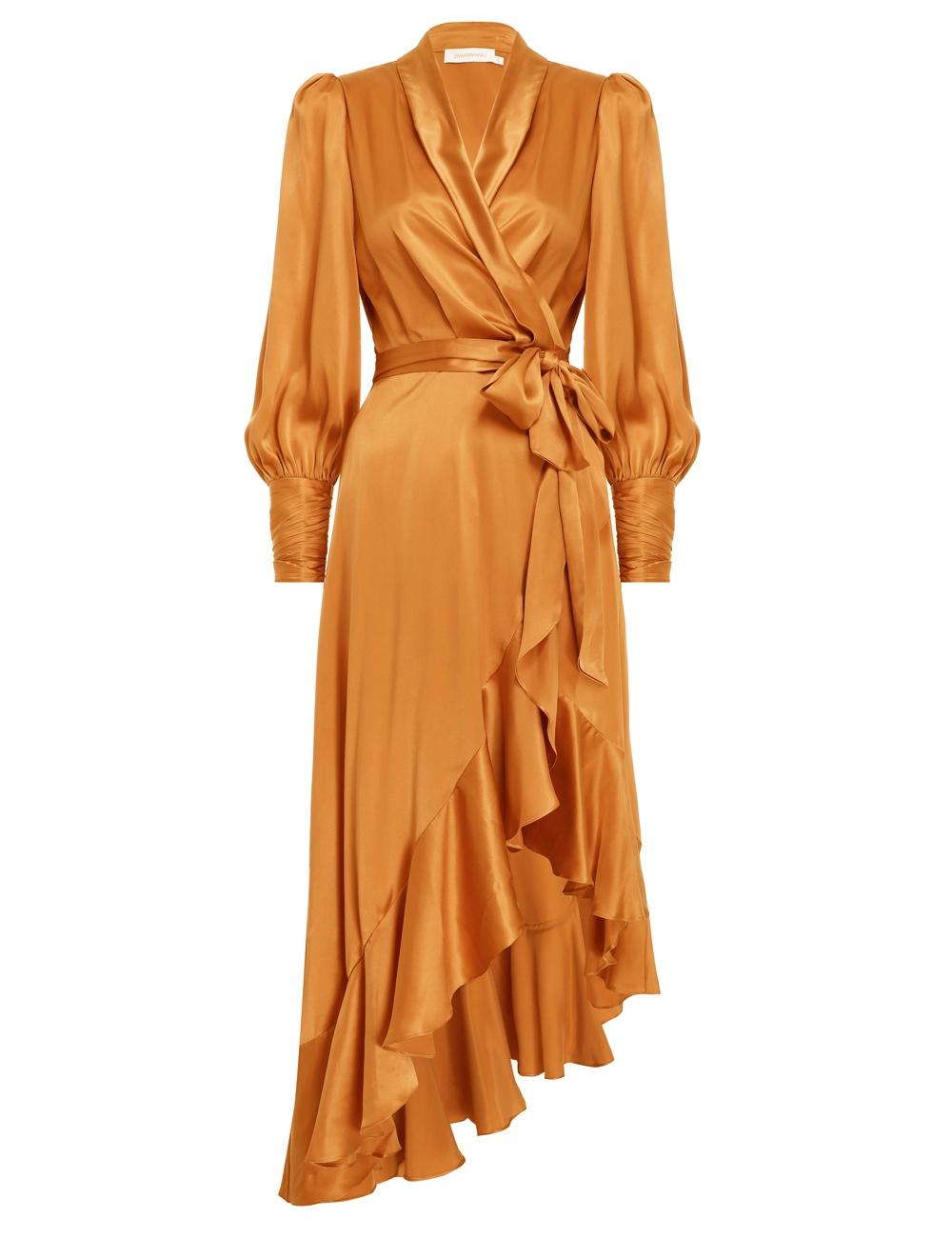 Zimmermann Silk Wrap Midi Dress in Orange - Lyst