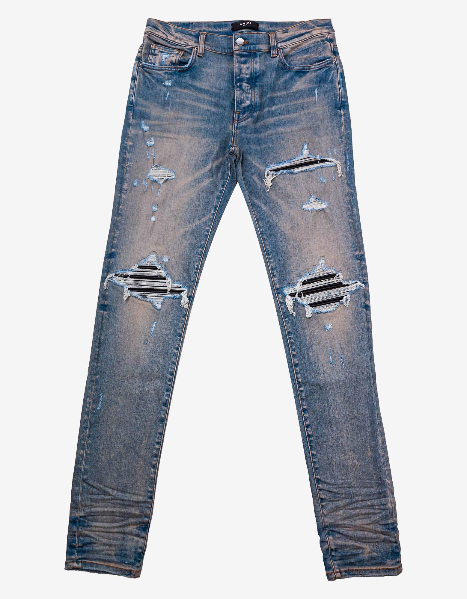 Amiri Mx1 Clay Indigo Leather Insert Distressed Skinny Jeans in Blue ...